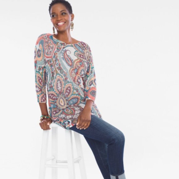 Chico's Women's Multicolor Paisley Cross-Back Detail Sweater Size 4 - Picture 4 of 9